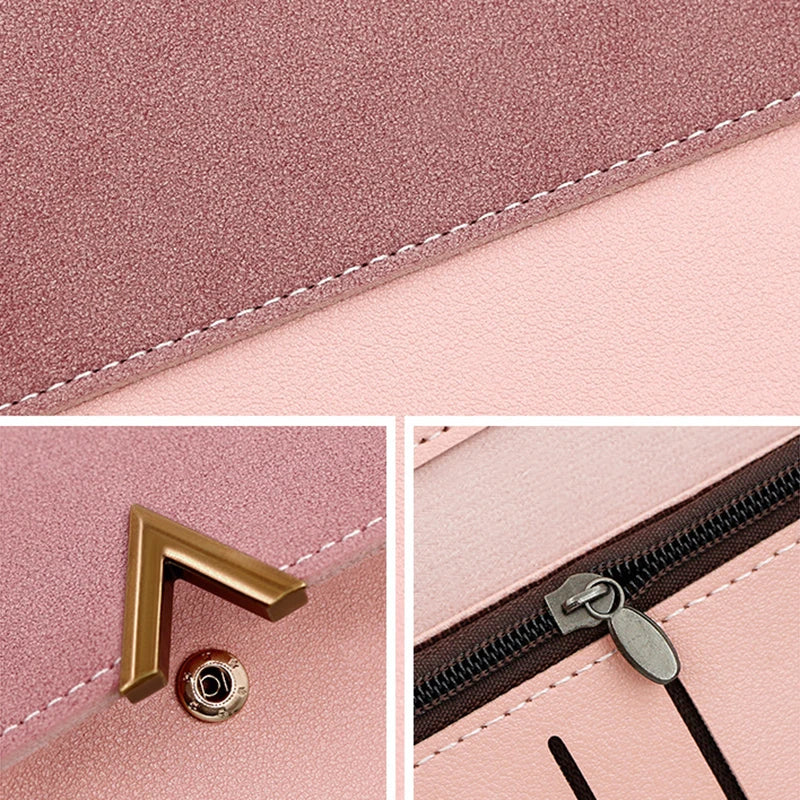 Portefeuille Femme Long Cuir PU Trifold Rose - Porte-Carte Multi-Emplacements Clutch Bag Fashion Simple
