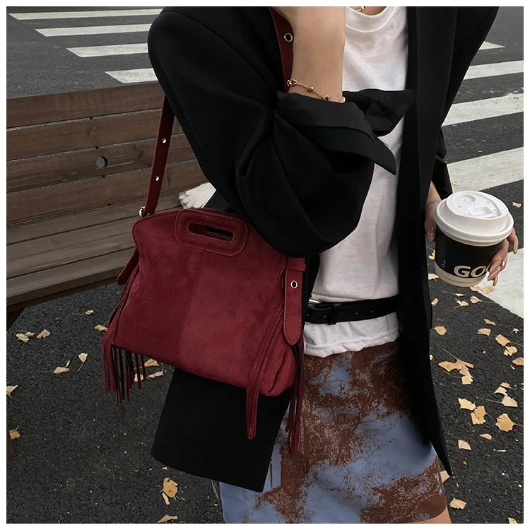 Sac à Main Femme Daim Vintage Style Français - Sac Bandoulière Épaule Glands Café