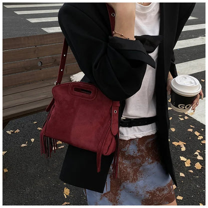 Sac à Main Femme Daim Vintage Style Français - Sac Bandoulière Épaule Glands Café
