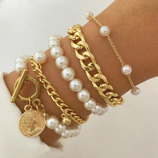 Bracelet Bohème Perles Pendentifs Doré – Vintage Géométrique Femme