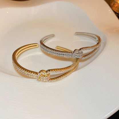 Bracelet Manchette Zircon Plein Cuivre Plaqué Or – Nœud Minimaliste Femme Mariage Soirée