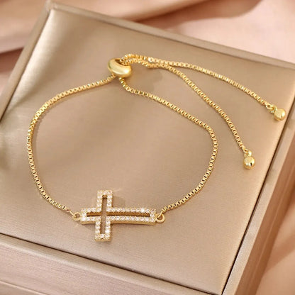 Bracelet Chaîne Cuivre Zircon Croix – Or & Argent Ajustable Unisexe Soirée
