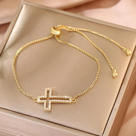 Bracelet Chaîne Cuivre Zircon Croix – Or & Argent Ajustable Unisexe Soirée