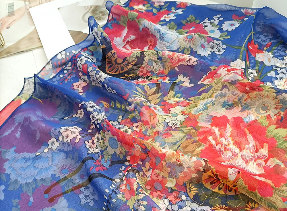 Foulard Écharpe Mousseline Georgette Femme Fleur Prune - Bandana Été Léger Respirant