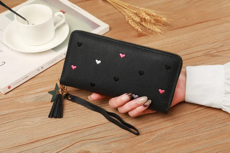 Portefeuille Long Femme Brodé - Pochette Dragonne Multi-Cartes Élégante