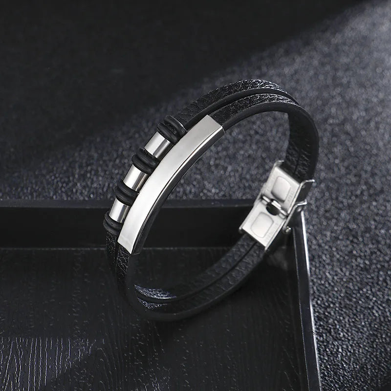 Bracelet Enroulé en Cuir pour Homme avec Charm en Acier Inoxydable