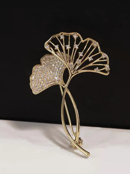 Broche Feuille Ginkgo Rétro Élégante Strass – Pin's Plante Corsage Luxe Femme