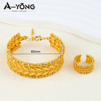 Ensemble Bracelet Bague Perles Dubai Mariage Plaqué Or 24K Luxe – Bangles Ajustables Mariée Arabe Femme