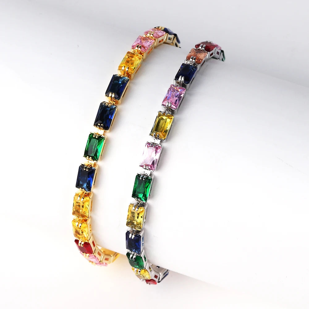 Bracelet Plaqué Or 18K Zircons Arc-en-Ciel – Luxe Micro-Pavé Étanche