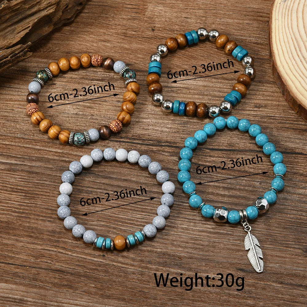 Bracelet Homme Multi-Rangs Turquoise et Feuilles - Pierres Naturelles Vintage