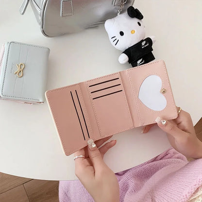 Portefeuille Femme Nœud Rose Compact - Porte-Cartes Tri-Fold Étudiant Mignon