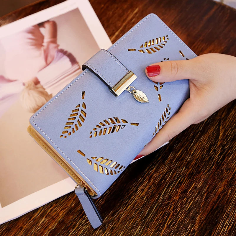 Portefeuille Long Femme Cuir PU Feuilles Dorées - Clutch Porte-Cartes Monnaie Élégant