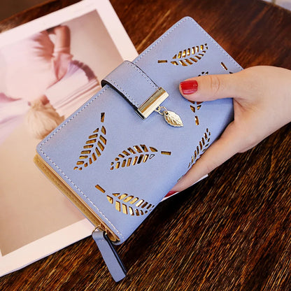 Portefeuille Long Femme Cuir PU Feuilles Dorées - Clutch Porte-Cartes Monnaie Élégant