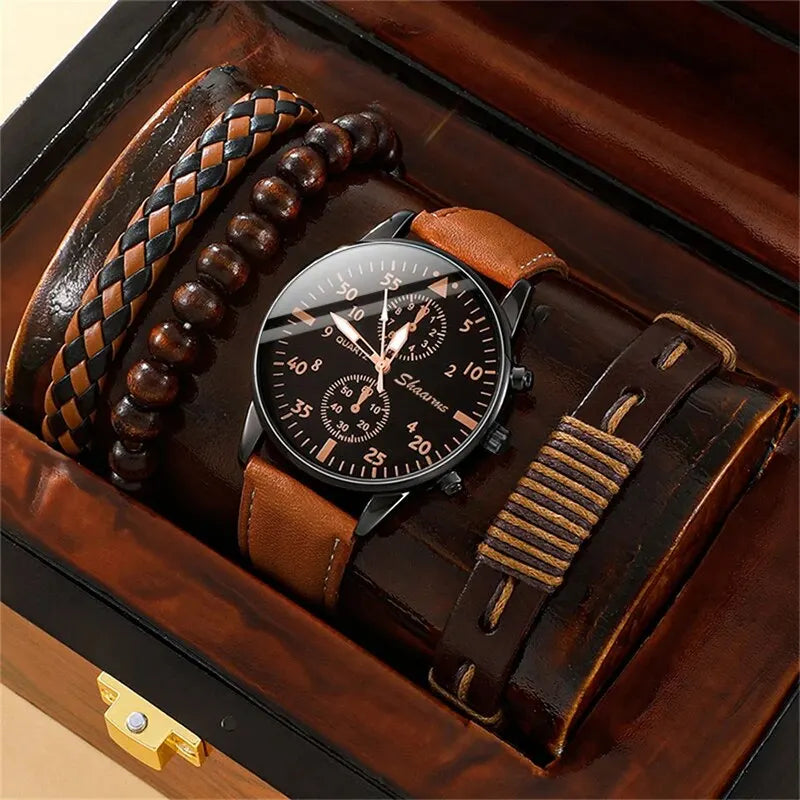 SHAARMS Montre Quartz Homme — Bracelet Cuir, Cadran Rond, Coffret Cadeau