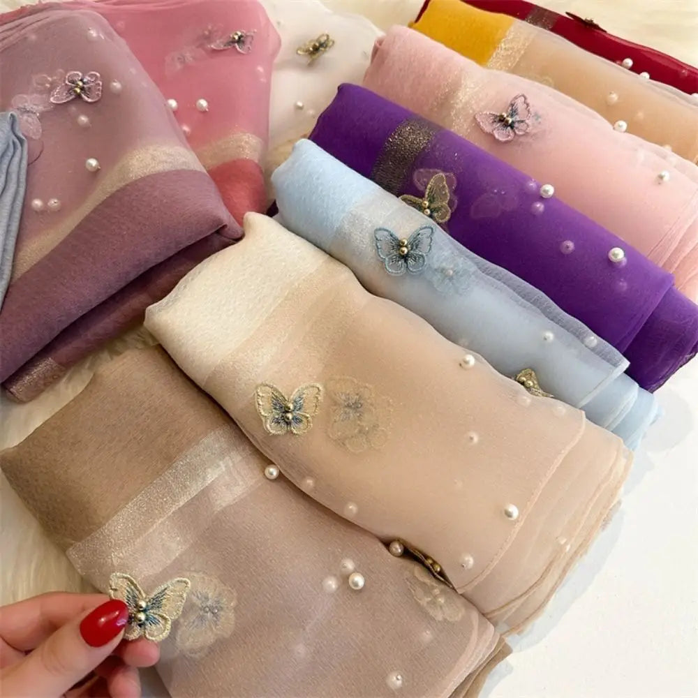 Foulard Soie Broderie Papillon Femme - Écharpe Châle Hijab Luxe Léger Élégant