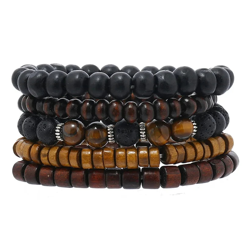 Bracelet Bohème Cuir & Perles Bois Homme – Tressé Main, 26 Coloris