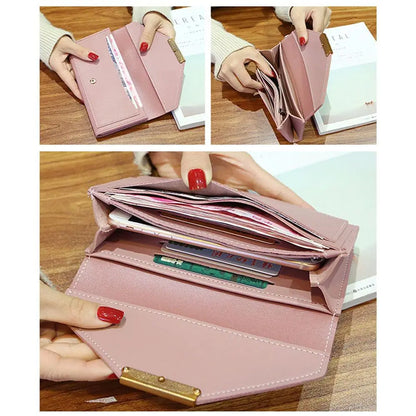 Portefeuille Femme Long Cuir PU Fermoir - Porte-Monnaie Clutch Téléphone 5 Couleurs Noir
