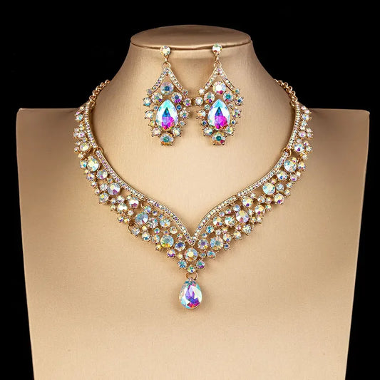 Bridal Choker Set with Iridescent Crystals AB - Luxury Rhinestone Necklace and Earrings