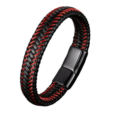 Bracelet en Cuir Tressé Noir et Rouge pour Homme - Fermoir Magnétique
