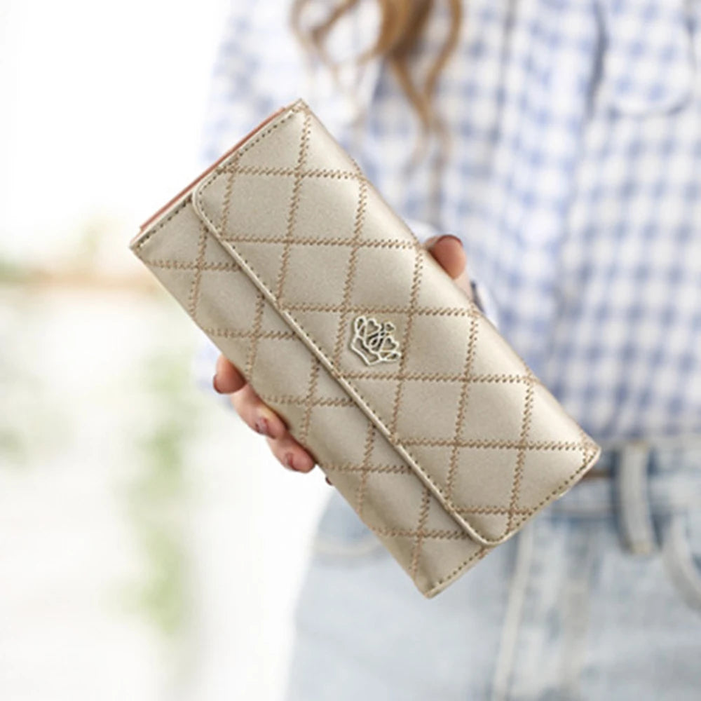 Portefeuille Long Femme Rose Carreaux - Porte-Monnaie Téléphone Hasp Mignon