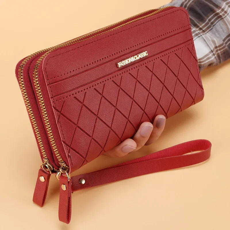 Portefeuille Femme Cuir PU Pompon - Porte-Monnaie Double Fermeture Éclair