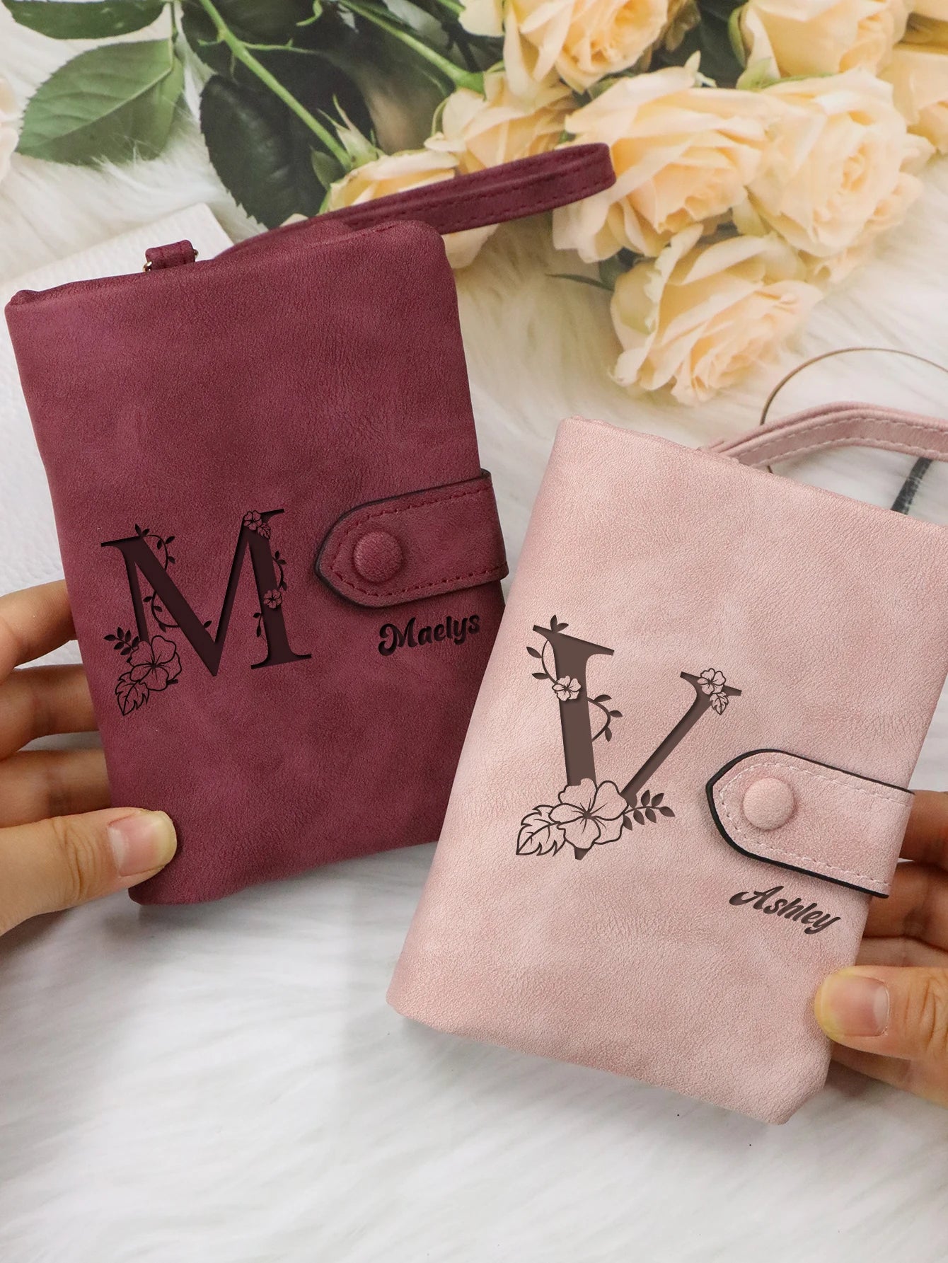 Portefeuille Femme Personnalisé Lettres Nom - Porte-Monnaie Bracelet Customisé Mat Grande Capacité