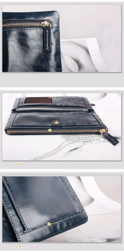 Portefeuille Femme Cuir Véritable Long - Porte-Monnaie Luxe Huile Végétale Casual