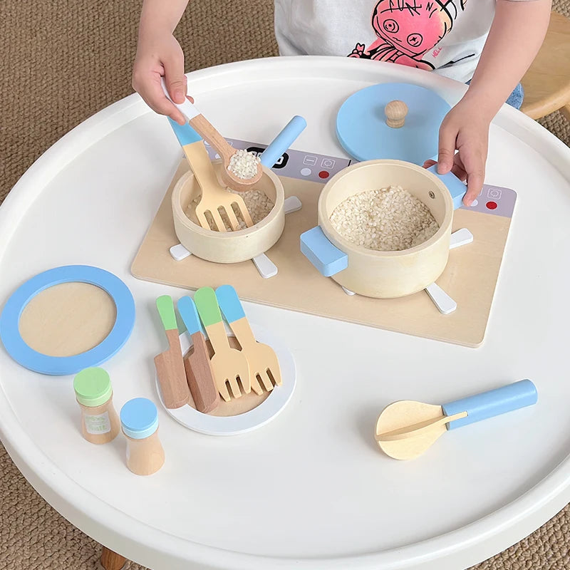 Cuisine Jouet en Bois pour Enfants - Set Complet avec Casseroles, Poêles et Ustensiles 3-6 Ans