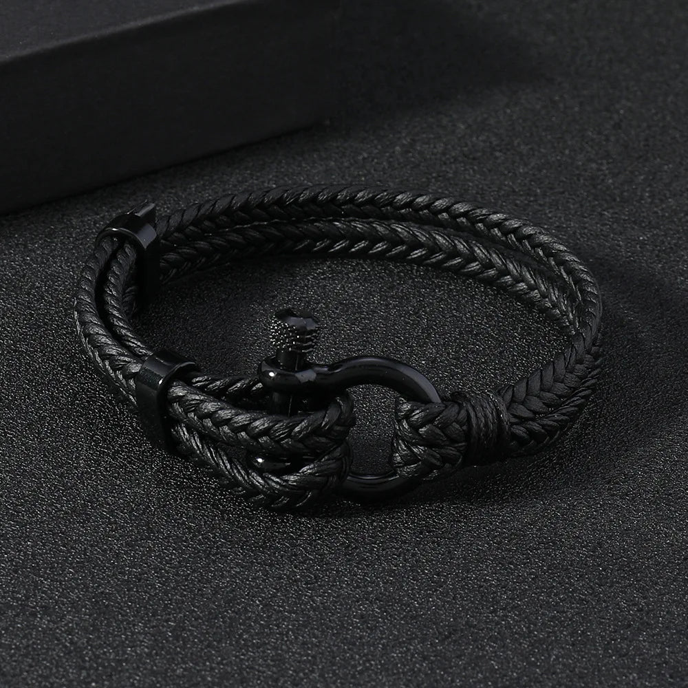 Bracelet en Cuir Tressé Noir pour Homme - Boucle Fer à Cheval Ajustable