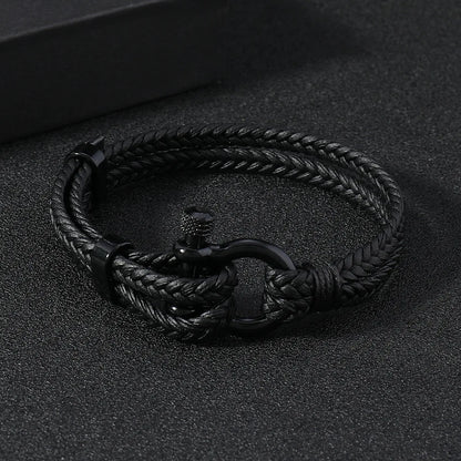 Bracelet en Cuir Tressé Noir pour Homme - Boucle Fer à Cheval Ajustable