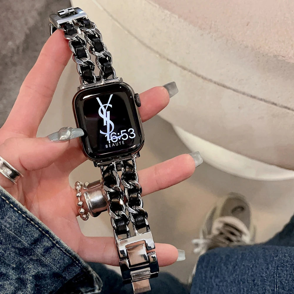Bracelet Apple Watch Acier Inoxydable Cuir - 38mm à 49mm Series 9/8/7/6/SE/Ultra