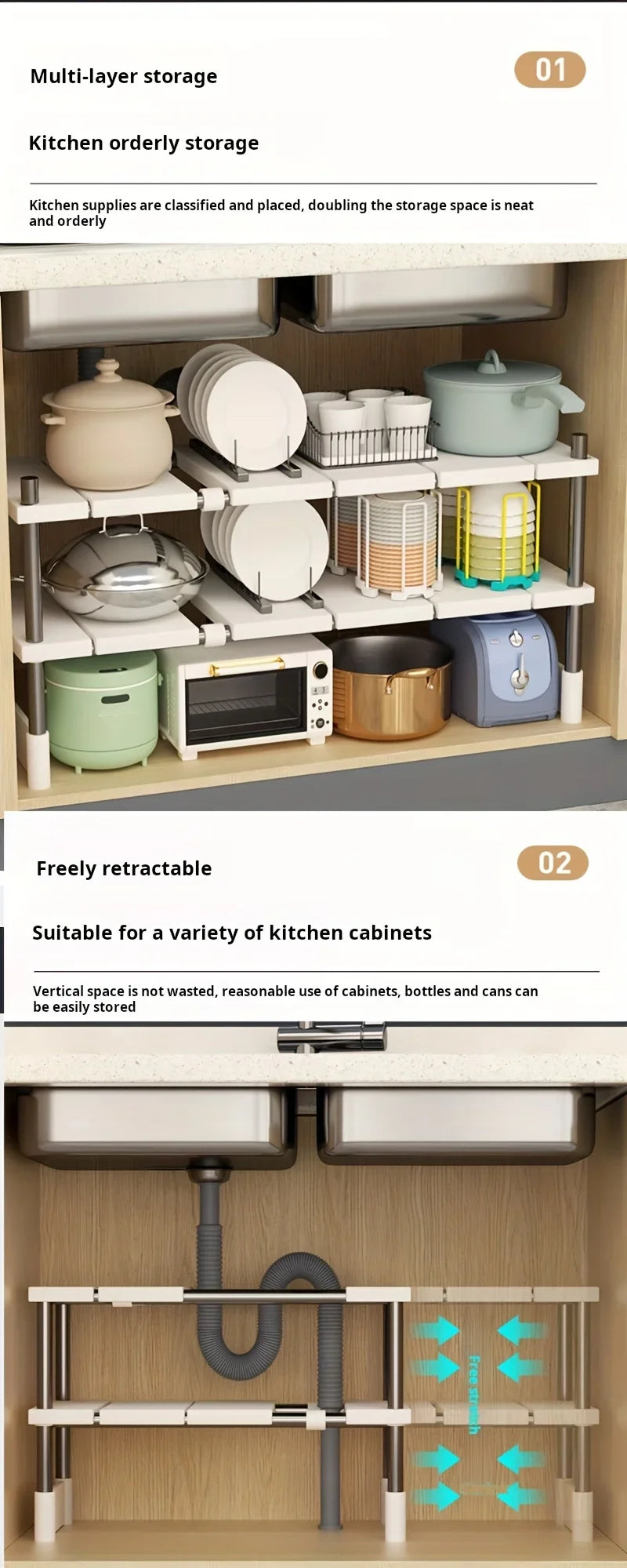 Organisateur Extensible Sous Évier - Rangement Ajustable Multi-Niveaux