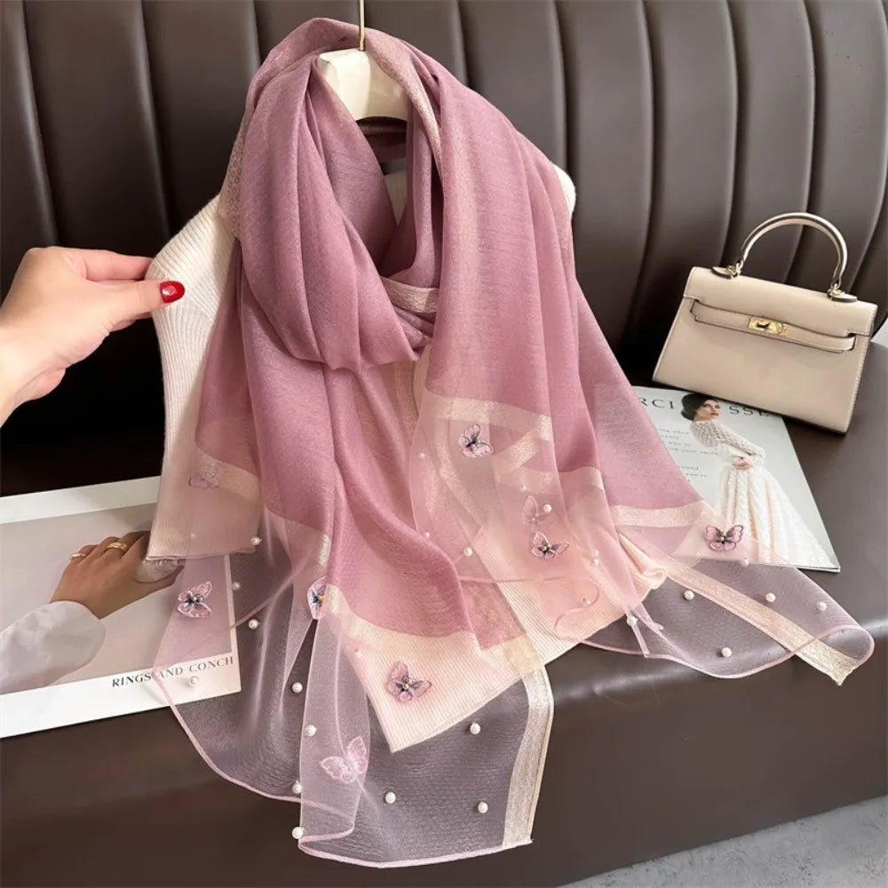 Foulard Soie Broderie Papillon Femme - Écharpe Châle Hijab Luxe Léger Élégant