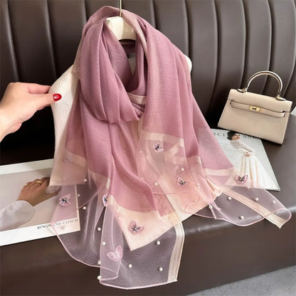 Foulard Soie Broderie Papillon Femme - Écharpe Châle Hijab Luxe Léger Élégant