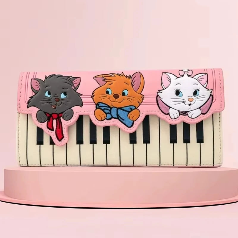 Portefeuille Femme Marie Chat Piano Kawaii - Long Bifold Fermeture Éclair Cartoon Mignon