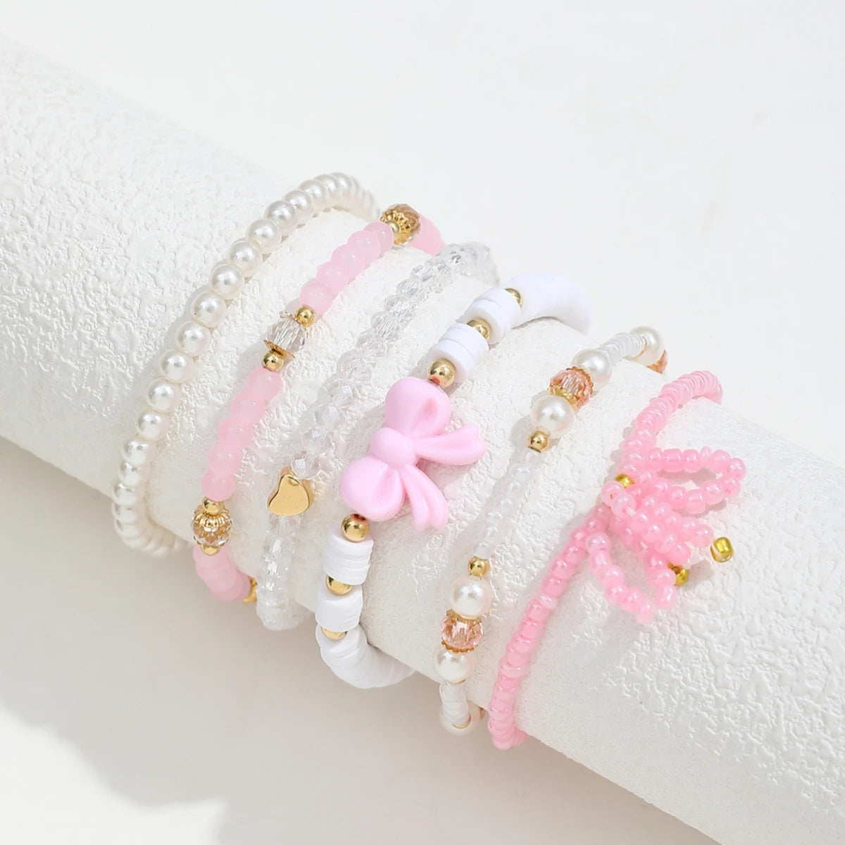 Ensemble 6 Bracelets Perles Cœur Nœud – Stack Mignon Simple Romantique