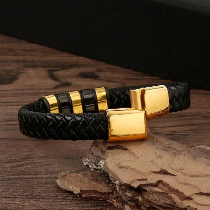 Bracelet Cuir Tressé Multicouche Punk – Boucle Magnétique Croix Homme