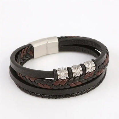 Bracelet Cuir Tressé Multicouche Punk – Boucle Magnétique Croix Homme