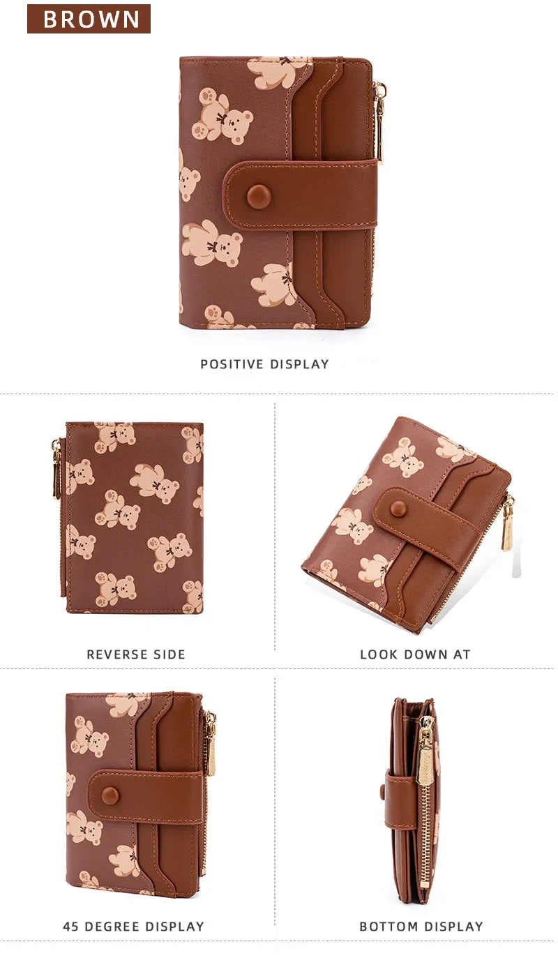 Portefeuille Femme Court Ourson Mignon - Bifold Cuir PU Porte-Cartes Zipper Bleu
