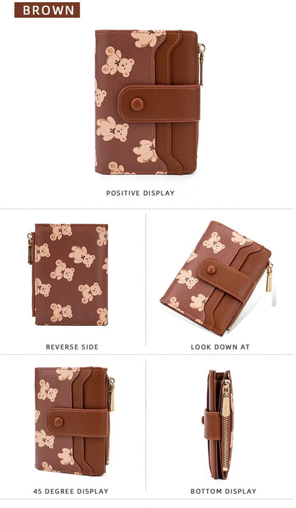Portefeuille Femme Court Ourson Mignon - Bifold Cuir PU Porte-Cartes Zipper Bleu