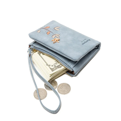 Portefeuille Court Femme Cuir Souple Motif Fleur - Petit Porte-Monnaie avec Bracelet