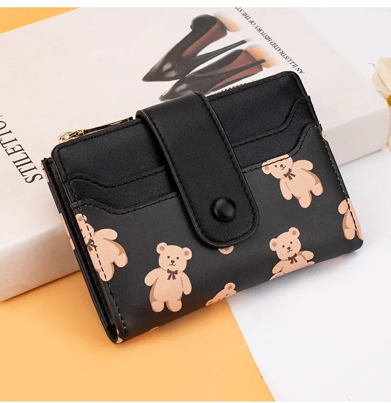 Portefeuille Femme Court Ourson Mignon - Bifold Cuir PU Porte-Cartes Zipper Bleu