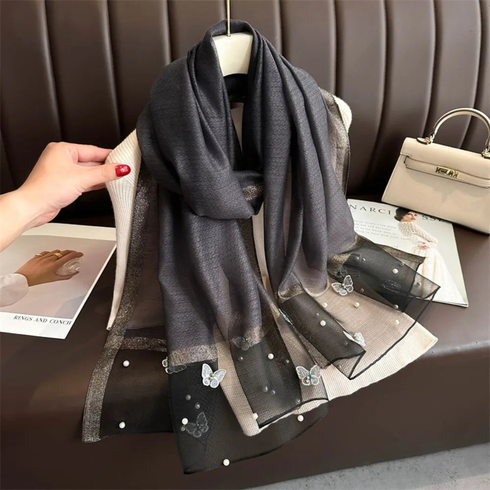 Foulard Soie Broderie Papillon Femme - Écharpe Châle Hijab Luxe Léger Élégant