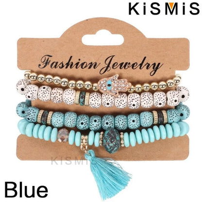 Set de 4 Bracelets Bohèmes Superposables - Œil Protecteur et Pompon