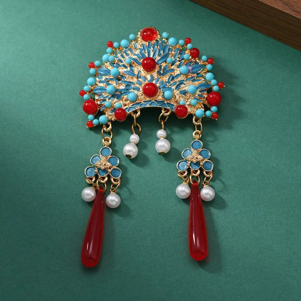 Broche Tiare Mariée Style Chinois - Ornement Luxe Pendants Couleurs Mixées