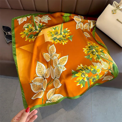 Foulard Carré Soie 70cm Imprimé Rose Femme - Écharpe Printemps Été Headscarf Bandana