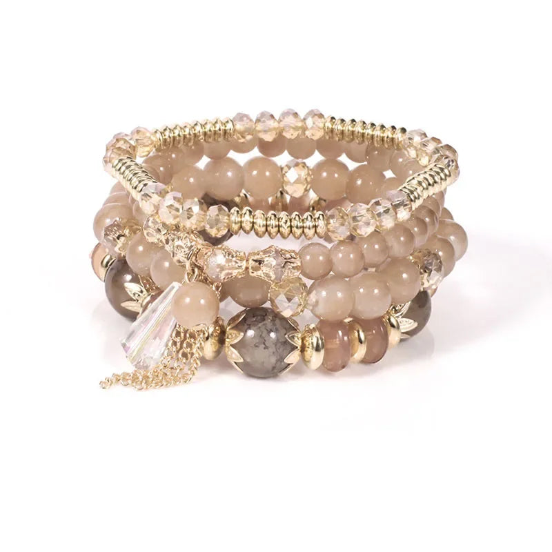 Set de 4 Bracelets Bohèmes Perles Verre Colorées - Pompons et Charms