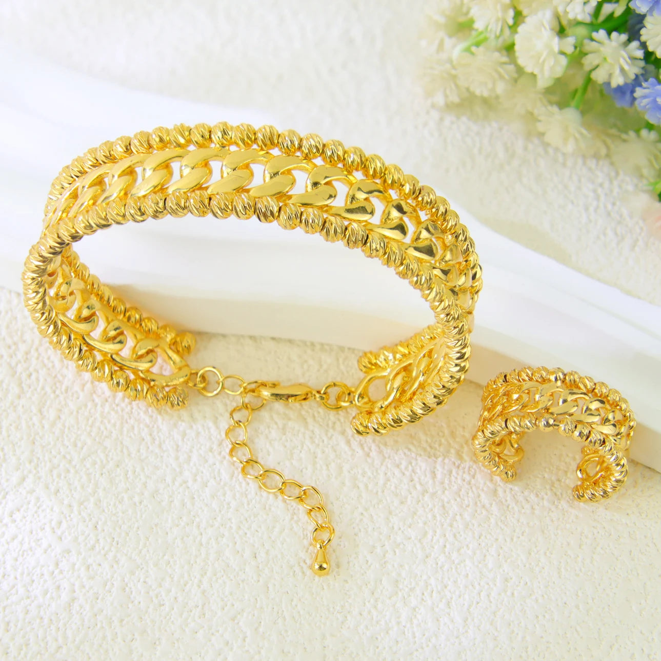 Ensemble Bracelet Bague Perles Dubai Mariage Plaqué Or 24K Luxe – Bangles Ajustables Mariée Arabe Femme
