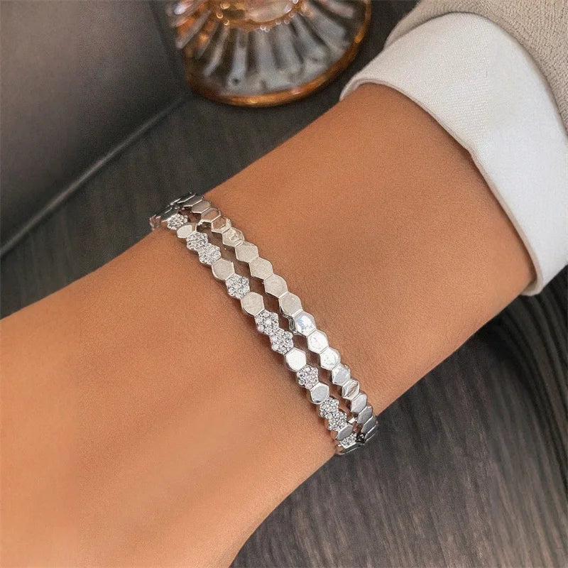 Bracelet Manchette Cuivre & Zirconia Femme – Ouvert Géométrique, Style Vintage Doré