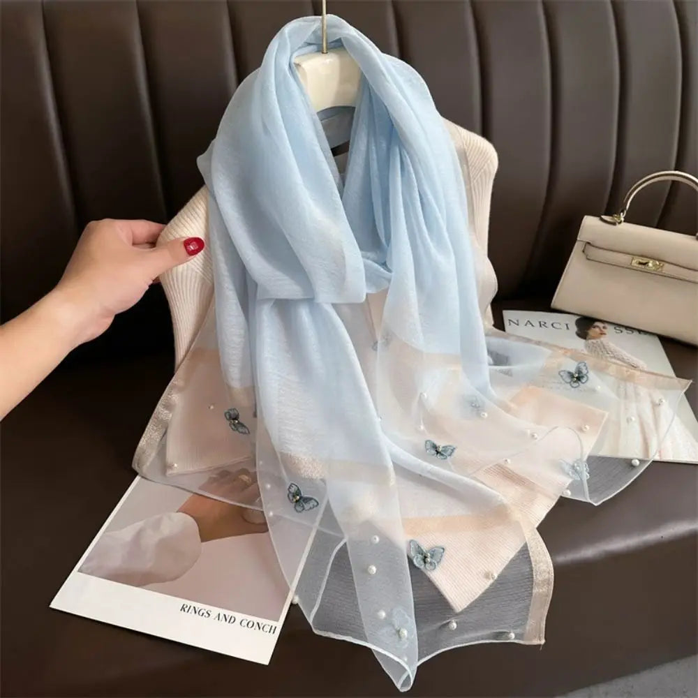 Foulard Soie Broderie Papillon Femme - Écharpe Châle Hijab Luxe Léger Élégant